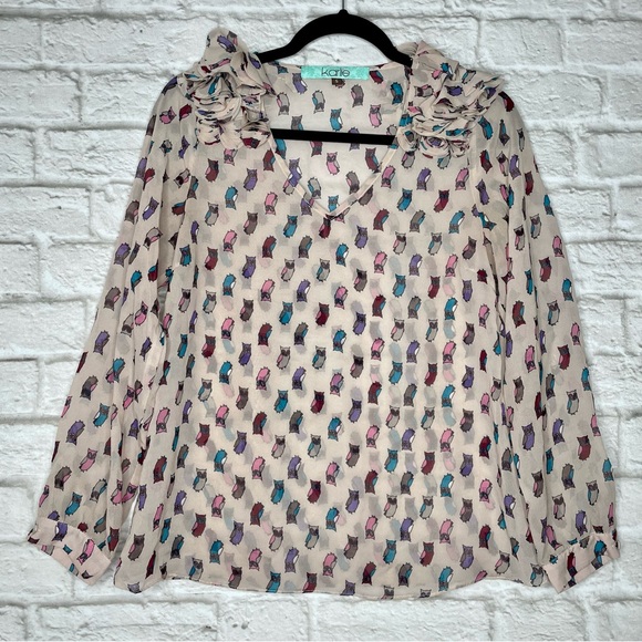 Karlie Owl Print Sheer Blouse Women’s S Pink Long Sleeve V-Neck Flutter Shoulder - Picture 5 of 8
